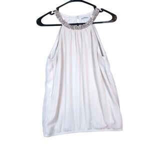 Express Womens Blouse Champagne Bejeweled High Neck Flowy Sleeveless Small